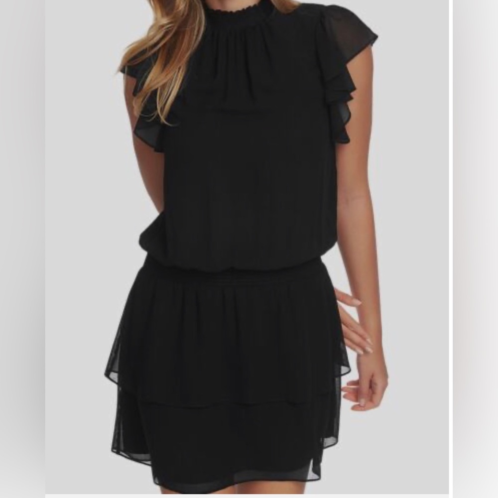 1. State flutter sleeve smocked waist mock neck dress